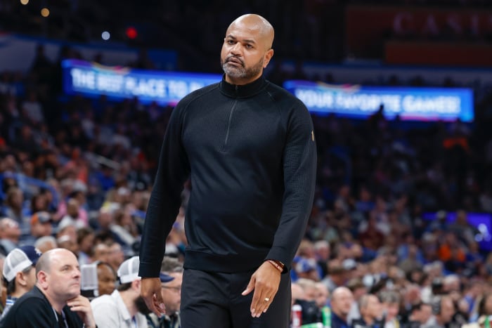 Nov 8, 2023; Oklahoma City, Oklahoma, USA; Cleveland Cavaliers head coach J. B. Bickerstaff reacts after a play against the Oklahoma City Thunder during the second half at Paycom Center. Oklahoma City won 128-120.